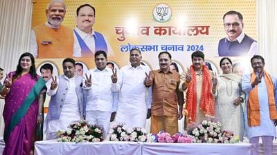 Delhi BJP president Virendra Sachdeva with the party’s victorious candidates in the Lok Sabha elections during a press conference in New Delhi on Wednesday. (Sanjeev Verma/HT Photo)