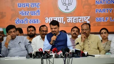 Maharashtra Deputy CM Devendra Fadnavis along with other BJP leaders addresses a press conference at the party office in Mumbai on 5 June, 2024. (Photo by Bhushan Koyande) Maharashtra Deputy CM Devendra Fadnavis along with other BJP leaders addresses a press conference at the party office in Mumbai on 5 June, 2024. (Photo by Bhushan Koyande)
