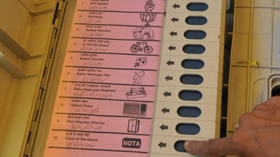 Each EVM can cater to a maximum of 64 candidates (including NOTA) with a provision for 16 candidates in one ballot unit. If the total number of candidates exceeds 16, a second balloting unit can be linked in series to the first unit. (REPRESENTATIVE PIC) Each EVM can cater to a maximum of 64 candidates (including NOTA) with a provision for 16 candidates in one ballot unit. If the total number of candidates exceeds 16, a second balloting unit can be linked in series to the first unit. (REPRESENTATIVE PIC)
