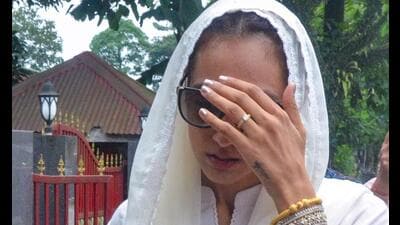 Kirandeep Kaur, wife of Amritpal Singh, arrives in Dibrugarh jail to meet him on Wednesday. (PTI)