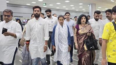 Lok Janshakti Party (Ramvilas) president Chirag Paswan, along with family members and his party's newly elected MPs, on way to board a flight from Patna to Delhi on Wednesday. (HT photo) Lok Janshakti Party (Ramvilas) president Chirag Paswan, along with family members and his party's newly elected MPs, on way to board a flight from Patna to Delhi on Wednesday. (HT photo)