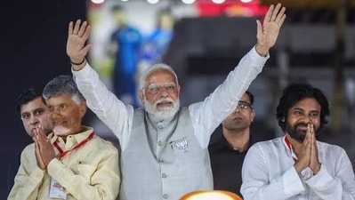 Prime Minister Narendra Modi with NDA allies, Chandrababu Naidu and Pawan Kalyan. Prime Minister Narendra Modi with NDA allies, Chandrababu Naidu and Pawan Kalyan.