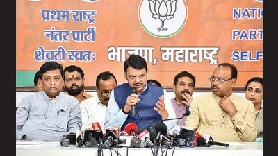 Mumbai, India – June 05, 2024: Maharashtra Deputy CM Devendra Fadnavis alongwith BJP leaders addressing the media, at BJP office, in Mumbai, India, on Wednesday, June 05, 2024. (Photo by Bhushan Koyande/HT Photo) Mumbai, India – June 05, 2024: Maharashtra Deputy CM Devendra Fadnavis alongwith BJP leaders addressing the media, at BJP office, in Mumbai, India, on Wednesday, June 05, 2024. (Photo by Bhushan Koyande/HT Photo)