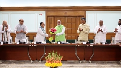 Prime Minister Narendra Modi with BJP President J P Nadda, TDP chief N Chandrababu Naidu, JD(U) chief Nitish Kumar and other leaders during a meeting of the National Democratic Alliance (NDA) at PM's residence, in New Delhi, Wednesday, June 5, 2024. (HT Photo) Prime Minister Narendra Modi with BJP President J P Nadda, TDP chief N Chandrababu Naidu, JD(U) chief Nitish Kumar and other leaders during a meeting of the National Democratic Alliance (NDA) at PM's residence, in New Delhi, Wednesday, June 5, 2024. (HT Photo)