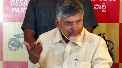 Telugu Desam Party (TDP) president Chandrababu Naidu addresses a press conference after the party's victory in the Lok Sabha elections, in Amravati. (PTI) Telugu Desam Party (TDP) president Chandrababu Naidu addresses a press conference after the party's victory in the Lok Sabha elections, in Amravati. (PTI)