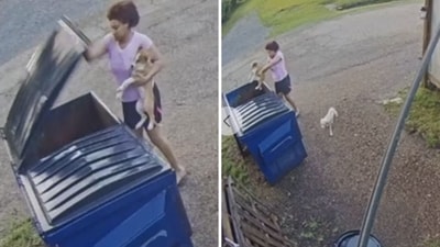 The image shows a woman throwing a puppy in a dumpster. The screengrab is taken from a viral video. (Facebook/St Landry Crime Stoppers) The image shows a woman throwing a puppy in a dumpster. The screengrab is taken from a viral video. (Facebook/St Landry Crime Stoppers)