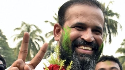 Murshidabad: Former cricketer and TMC candidate from Baharampur constituency Yusuf Pathan shows victory sign as he leads in the Lok Sabha elections amid the counting of votes, in Murshidabad district, Tuesday, June 4, 2024. (PTI Photo)(PTI06_04_2024_000464B) (PTI) Murshidabad: Former cricketer and TMC candidate from Baharampur constituency Yusuf Pathan shows victory sign as he leads in the Lok Sabha elections amid the counting of votes, in Murshidabad district, Tuesday, June 4, 2024. (PTI Photo)(PTI06_04_2024_000464B) (PTI)