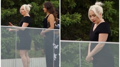 Lady Gaga spotted in black short dress at her sister's wedding. (X@MrPopOfficial)
