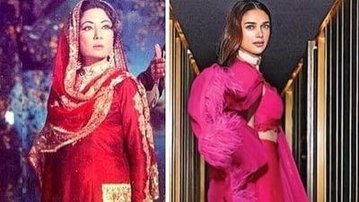 Meena Kumar in a sharara from the romantic classic Pakeezah (1972) and (R) Aditi Rao Hydari in a modern rendition of the sharara with a cape (Instagram) Meena Kumar in a sharara from the romantic classic Pakeezah (1972) and (R) Aditi Rao Hydari in a modern rendition of the sharara with a cape (Instagram)