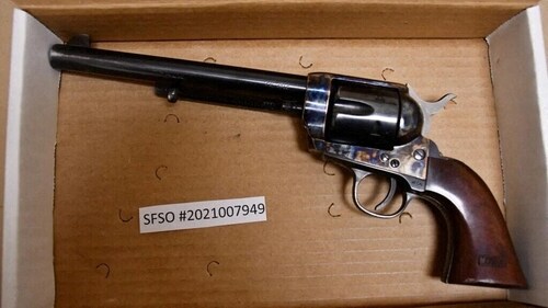 FILE PHOTO: An undated photo of the reproduction 1873 long Colt .45 Single Action Army revolver actor Alec Baldwin was using on the New Mexico set of western movie "Rust" in 2021, when it fired a live round that killed cinematographer Halyna Hutchins and wounded director Joel Souza, in this handout picture obtained by Reuters on April 17, 2024, from the police investigation into the shooting. Santa Fe County Sheriff’s Office/Handout via REUTERS./File Photo (via REUTERS)
