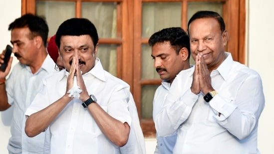 Tamil Nadu CM and DMK President MK Stalin along with party leader TR Baalu arrive for the INDIA bloc leaders meeting, at the residence of Congress president Mallikarjun Kharge in New Delhi on Wednesday. (ANI)