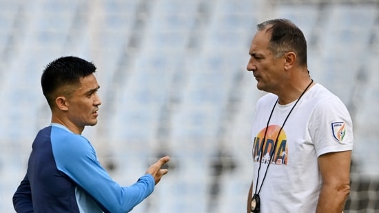 India's captain Sunil Chhetri (L) speaks with coach Igor Stimac during a practice session (AFP)