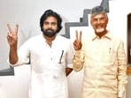 Mangalagiri, June 04 (ANI): Telugu Desam Party (TDP) President N Chandrababu Naidu and Jana Sena Party chief Pawan Kalyan pose victory signs during his visit to Janasena Party central office, in Mangalagiri on Tuesday. (ANI Photo)
