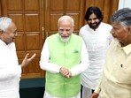 Narendra Modi with Bihar chief minister Nitish Kumar, Telugu Desam Party (TDP) chief N Chandrababu Naidu and Jana Sena Party chief Pawan Kalyan during the National Democratic Alliance (NDA) meeting, at his residence, 7, LKM, in New Delhi on Wednesday. Narendra Modi with Bihar chief minister Nitish Kumar, Telugu Desam Party (TDP) chief N Chandrababu Naidu and Jana Sena Party chief Pawan Kalyan during the National Democratic Alliance (NDA) meeting, at his residence, 7, LKM, in New Delhi on Wednesday.