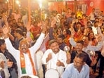 BJP supporters celebrate the party's lead in the Odisha Assembly and Lok Sabha election results, in Bhubaneswar on Tuesday. (ANI) BJP supporters celebrate the party's lead in the Odisha Assembly and Lok Sabha election results, in Bhubaneswar on Tuesday. (ANI)