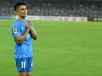 Sunil Chhetri acknowledges the crowd after India's 0-0 draw against Kuwait