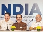 Mumbai: NCP supremo Sharad Pawar, Shiv Sena (UBT) chief Uddhav Thackeray and Maharashtra Congress President Nana Patole at a press conference, in Mumbai. Mumbai: NCP supremo Sharad Pawar, Shiv Sena (UBT) chief Uddhav Thackeray and Maharashtra Congress President Nana Patole at a press conference, in Mumbai.