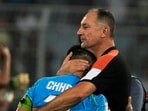 Sunil Chhetri being hugged by coach Igor Stimac on his farewell match.