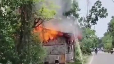 A BJP office allegedly set on fire amid post-poll violence in West Bengal (Twitter/video screengrab) A BJP office allegedly set on fire amid post-poll violence in West Bengal (Twitter/video screengrab)