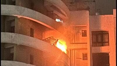 A video of the Noida fire incident also went viral on social media platforms, showing a massive fire on the balcony of the highrise taking place. (HT Photo) A video of the Noida fire incident also went viral on social media platforms, showing a massive fire on the balcony of the highrise taking place. (HT Photo)