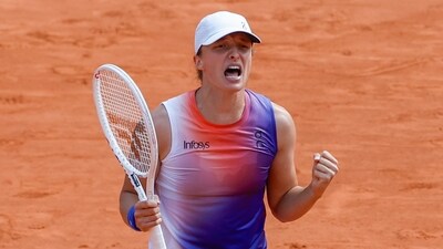 Poland's Iga Swiatek celebrates winning her semifinal match of the French Open tennis tournament against Coco Gauff (AP) Poland's Iga Swiatek celebrates winning her semifinal match of the French Open tennis tournament against Coco Gauff (AP)