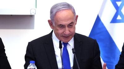 Israeli Prime Minister Benjamin Netanyahu gestures as he attends a cabinet meeting at the Bible Lands Museum in Jerusalem on June 5, 2024. (Photo by GIL COHEN-MAGEN / POOL / AFP) (AFP) Israeli Prime Minister Benjamin Netanyahu gestures as he attends a cabinet meeting at the Bible Lands Museum in Jerusalem on June 5, 2024. (Photo by GIL COHEN-MAGEN / POOL / AFP) (AFP)