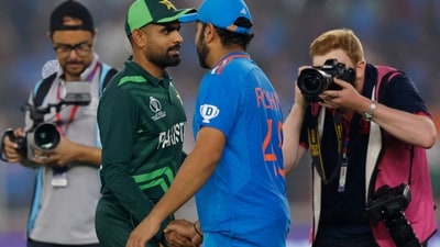 Pakistan's Babar Azam shakes hands with India's Rohit Sharma after India vs Pakistan match in Ahmedabad (REUTERS)