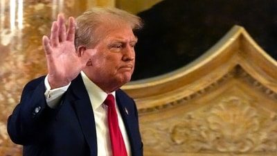 Former President and Republican presidential candidate Donald Trump arrives for a dinner with members of the group Conserve the Culture at his Mar-a-Lago estate, Wednesday, June 5, 2024, in Palm Beach, Fla. (AP Photo/Wilfredo Lee) (AP) Former President and Republican presidential candidate Donald Trump arrives for a dinner with members of the group Conserve the Culture at his Mar-a-Lago estate, Wednesday, June 5, 2024, in Palm Beach, Fla. (AP Photo/Wilfredo Lee) (AP)