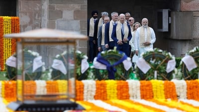 (FILES) India's Prime Minister Narendra Modi (R), US President Joe Biden (C), German Chancellor Olaf Scholz (3R) and Australia's Prime Minister Anthony Albanese (3L) along with world leaders arrive to pay respect at the Mahatma Gandhi memorial at Raj Ghat on the sidelines of the G20 summit in New Delhi on September 10, 2023. (AFP) (FILES) India's Prime Minister Narendra Modi (R), US President Joe Biden (C), German Chancellor Olaf Scholz (3R) and Australia's Prime Minister Anthony Albanese (3L) along with world leaders arrive to pay respect at the Mahatma Gandhi memorial at Raj Ghat on the sidelines of the G20 summit in New Delhi on September 10, 2023. (AFP)