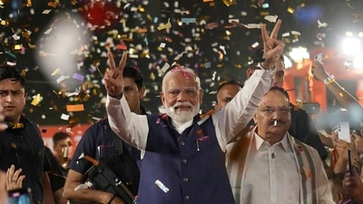 Stock market: Prime Minister Narendra Modi greets party workers upon his arrival for a meeting at the party headquarters in New Delhi. (PTI) Stock market: Prime Minister Narendra Modi greets party workers upon his arrival for a meeting at the party headquarters in New Delhi. (PTI)