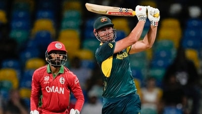 Australia's Marcus Stoinis hits a six during the men's T20 World Cup cricket match between Australia and Oman at Kensington Oval in Bridgetown, Barbados (PTI)