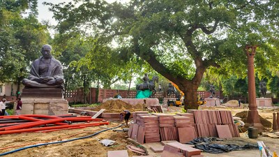 Statues of Mahatma Gandhi and others during relocation within the Parliament premises as part of the redevelopment project. (PTI Photo) (PTI) Statues of Mahatma Gandhi and others during relocation within the Parliament premises as part of the redevelopment project. (PTI Photo) (PTI)