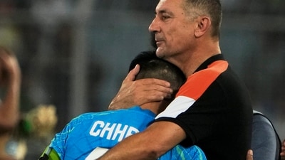 Sunil Chhetri being hugged by coach Igor Stimac on his farewell match. (PTI) Sunil Chhetri being hugged by coach Igor Stimac on his farewell match. (PTI)
