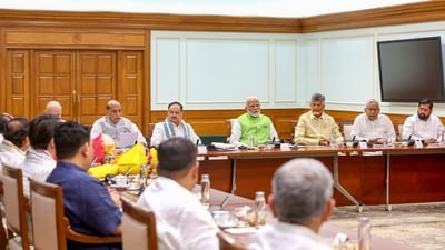 Prime Minister Narendra Modi with BJP president JP Nadda, TDP chief N Chandrababu Naidu, JD(U) chief Nitish Kumar and other leaders during a meeting of NDA at PM's residence, on June 5 (PTI via X/narendramodi) Prime Minister Narendra Modi with BJP president JP Nadda, TDP chief N Chandrababu Naidu, JD(U) chief Nitish Kumar and other leaders during a meeting of NDA at PM's residence, on June 5 (PTI via X/narendramodi)