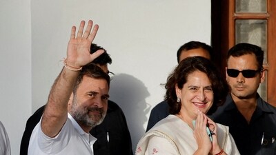Rahul Gandhi and Priyanka Gandhi ahead of the INDIA bloc meeting in New Delhi on Wednesday. (Reuters)
