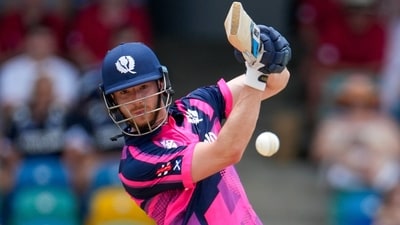 Scotland's Michael Jones plays a shot against England during an ICC Men's T20 World Cup cricket match at Kensington Oval in Bridgetown (AP) Scotland's Michael Jones plays a shot against England during an ICC Men's T20 World Cup cricket match at Kensington Oval in Bridgetown (AP)