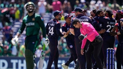 Players of United States celebrate after their win in the ICC Men's T20 World Cup cricket match against Pakistan at the Grand Prairie Stadium (AP) Players of United States celebrate after their win in the ICC Men's T20 World Cup cricket match against Pakistan at the Grand Prairie Stadium (AP)