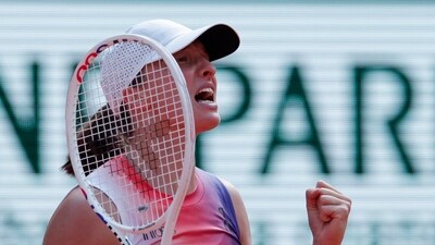 Poland's Iga Swiatek celebrates winning her semi final match against Coco Gauff of the U.S. (REUTERS)