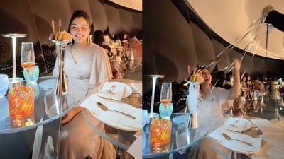 Jamnagar: Woman receiving a sweet birthday surprise from Ambanis during Anant Ambani and Radhika Merchant's pre-wedding in March. (Instagram/@daniyanizami11)