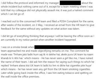 A post shared by a woman about her workplace (Part 2). (LinkedIn/Nitika Kumari) A post shared by a woman about her workplace (Part 2). (LinkedIn/Nitika Kumari)