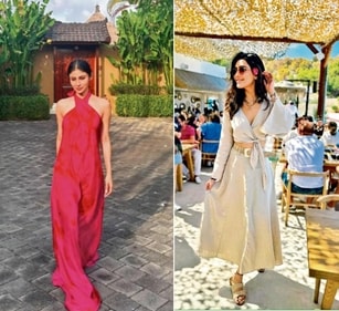 Mouni Roy channels an elegant look in her halter-neck dress in Bali (R) Karishma Tanna is a pretty senorita on her sun-kissed break in Spain (Instagram)