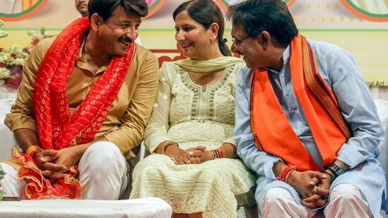 New Delhi, Jun 5 (ANI): Newly elected Bharatiya Janata Party (BJP) MPs Manoj Tiwari, Kamaljeet Sehrawat and Harsh Malhotra in conversation during the celebrations after their victory in the Lok Sabha elections, at the party office, in New Delhi on Wednesday.