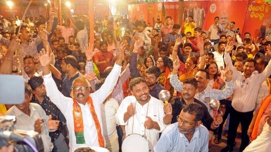 BJP supporters celebrate the party's lead in the Odisha Assembly and Lok Sabha election results, in Bhubaneswar on Tuesday. (ANI)