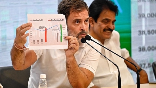 Congress leader Rahul Gandhi speaks during a press briefing at the AICC headquarters in New Delhi on Thursday.(Raj K Raj/HT Photo)
