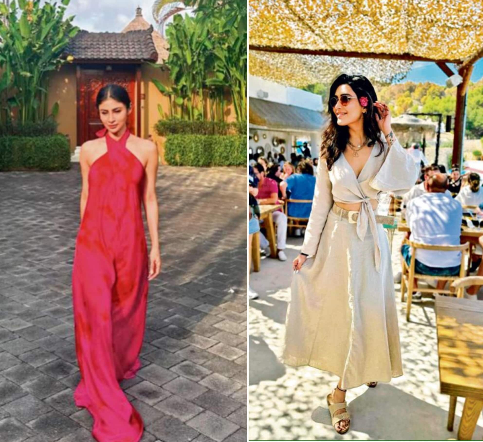 Mouni Roy looks gorgeous in her halter-neck dress in Bali (R) Karishma Tanna is a pretty senorita on her sun-kissed break in Spain (Instagram)