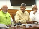Prime Minister Narendra Modi with Telugu Desam Party leader N Chandrababu Naidu and Janata Dal (United) leader Nitish Kumar during a meeting.