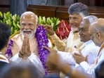 Narendra Modi being felicitated by party leaders JP Nadda and Amit Shah, TDP chief N Chandrababu Naidu, Bihar Chief Minister and JD(U) leader Nitish Kumar and others during the NDA parliamentary party meeting at Samvidhan Sadan, in New Delhi, Narendra Modi being felicitated by party leaders JP Nadda and Amit Shah, TDP chief N Chandrababu Naidu, Bihar Chief Minister and JD(U) leader Nitish Kumar and others during the NDA parliamentary party meeting at Samvidhan Sadan, in New Delhi,
