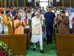 Prime Minister Narendra Modi greets the BJP and NDA leaders during the NDA parliamentary party meeting at Samvidhan Sadan, in New Delhi, on Friday. (HT Photo) Prime Minister Narendra Modi greets the BJP and NDA leaders during the NDA parliamentary party meeting at Samvidhan Sadan, in New Delhi, on Friday. (HT Photo)