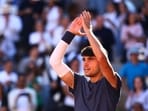 Spain's Carlos Alcaraz celebrates winning his French Open semi-final match against Italy's Jannik Sinner
