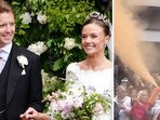 After tying the knot and sharing the kiss, the Duke and Duchess of Westminster made their way outside the cathedral but they were halted by JSO demonstrators who used fire extinguishers to let off their signature orange smoke. After tying the knot and sharing the kiss, the Duke and Duchess of Westminster made their way outside the cathedral but they were halted by JSO demonstrators who used fire extinguishers to let off their signature orange smoke.
